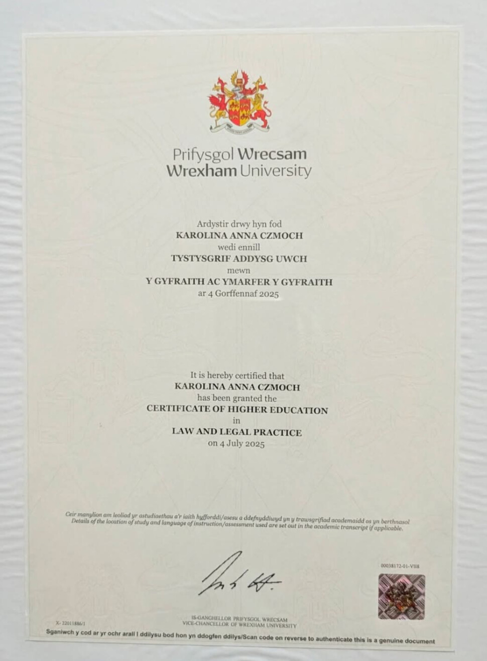 Certificate of Higher Education in Law and Legal Practice awarded to Karolina Anna Czmoch by Wrexham University on 4 July 2025